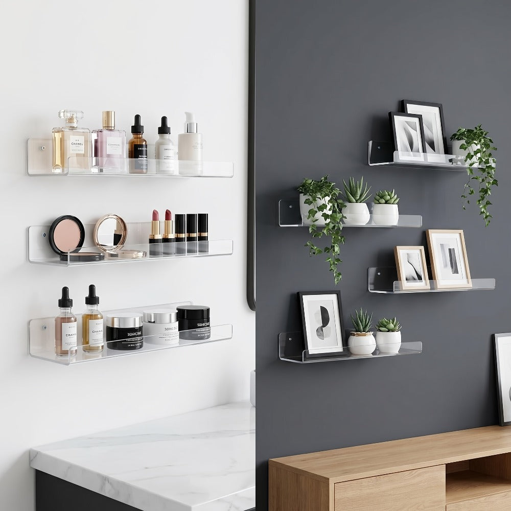 Clear Acrylic Wall Display Shelf Set in 15 x 4-Inch Size with 4, 8 or 16 Shelves and Mounting Hardware