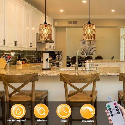 Two-Piece Battery Pendant Light Set with Woven Shades, Remote Controls and Adjustable Hanging Cords