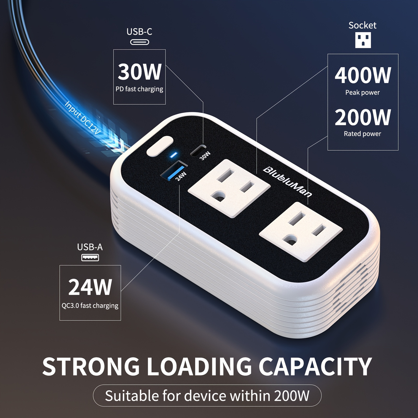 White-and-Black 200W Car Power Inverter with Two AC Outlets, 30W PD USB-C and 24W QC3.0 Ports