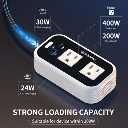 White-and-Black 200W Car Power Inverter with Two AC Outlets, 30W PD USB-C and 24W QC3.0 Ports