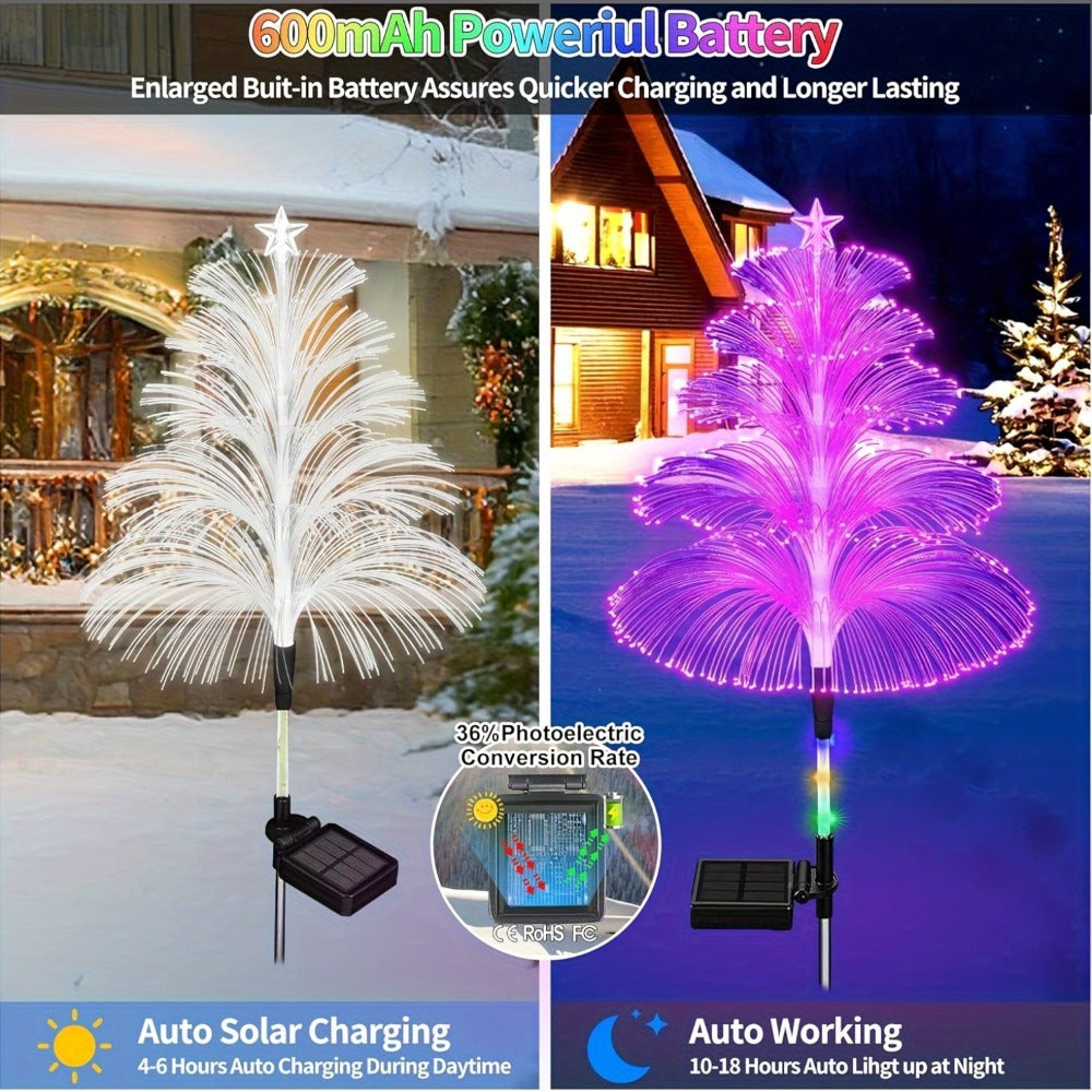 Solar Garden Light Fiber Optic Christmas Tree Stakes with 7-Color LEDs and 2 or 5-Layer Star Options