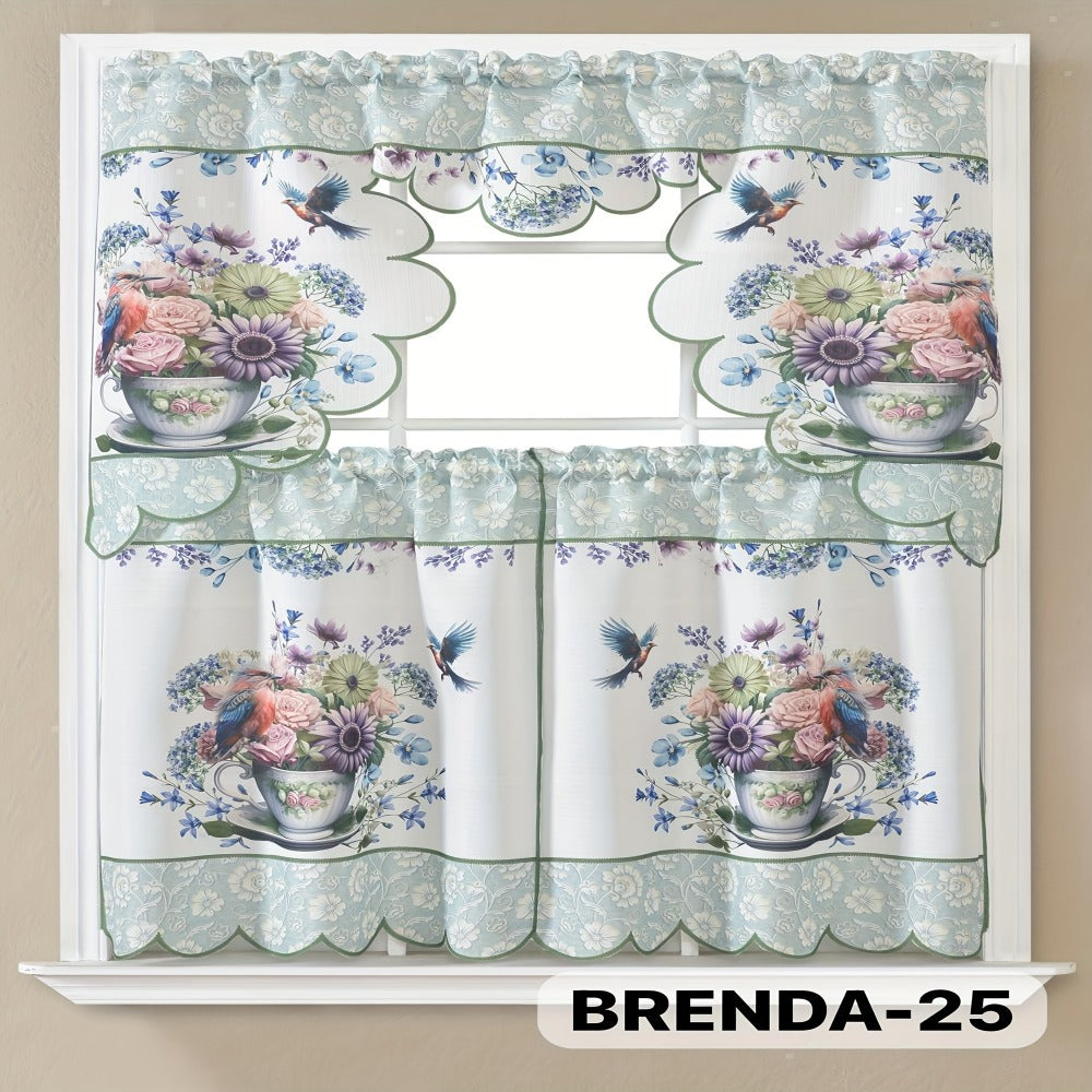 Three-Piece Patterned Kitchen Curtain Set with One Valance, Two Tiers and Forty-Six Exact Design Options