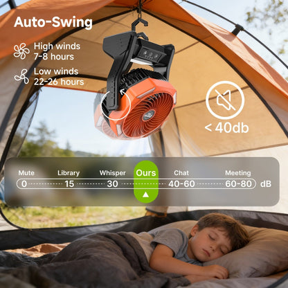 Camping Fan 20000mAh Tabletop and Hanging Fan with 4 Speeds, 3-Level LED Light and 180° Vertical Swing