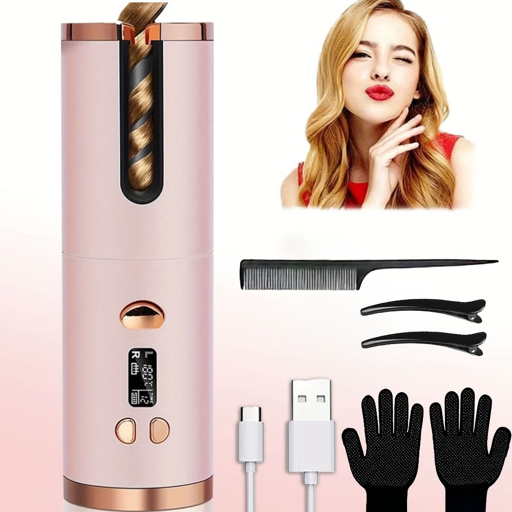 Cordless Automatic Hair Curler USB Rechargeable Rotating Curling Iron 6 Heat Settings LCD Display Auto Shut-Off Fast Heat-Up Storage Bag 4 Hair Clips Comb All Hair Types Women Blue Pink Gray Gradient