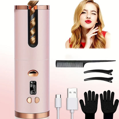 Cordless Automatic Hair Curler USB Rechargeable Rotating Curling Iron 6 Heat Settings LCD Display Auto Shut-Off Fast Heat-Up Storage Bag 4 Hair Clips Comb All Hair Types Women Blue Pink Gray Gradient