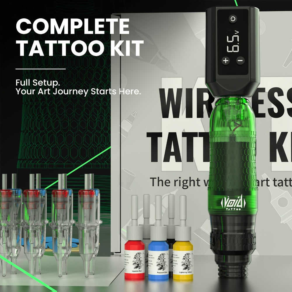 Tattoo Machine Kit VOID Wireless Pen with 1200mAh Battery, 4-12V Adjustment, 10 Cartridges and 5 Ink Shades