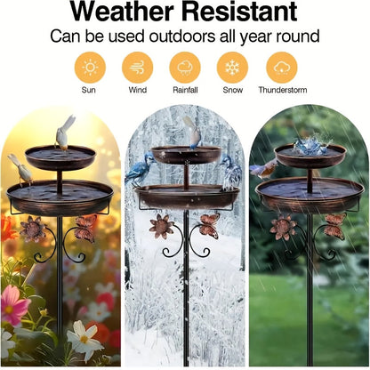 Two-Tier Bird Bath and Feeder with 5-Claw Ground Stake, Copper-Color Bowls and Leaf Accents