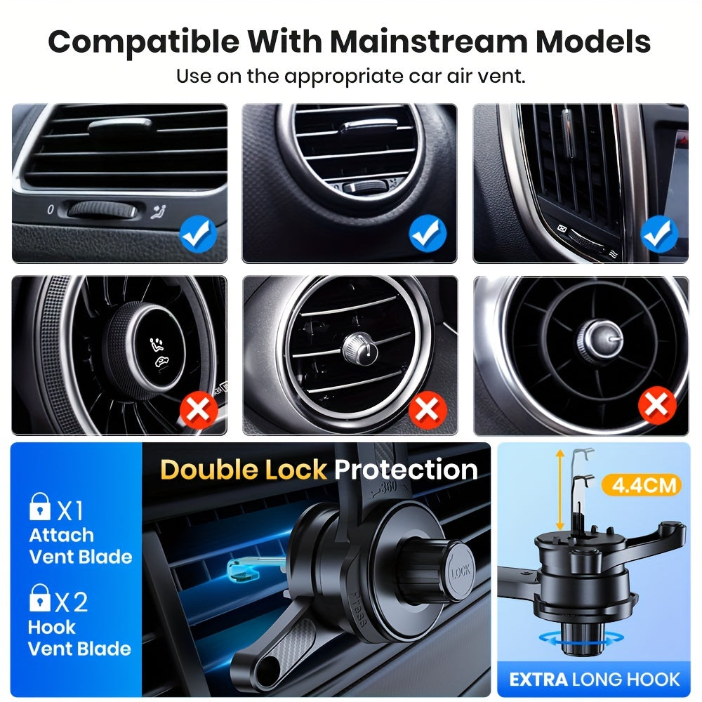 Three-Point Air-Vent Phone Mount with Extendable Hook, Adjustable Arm and Black Finish for In-Car Viewing