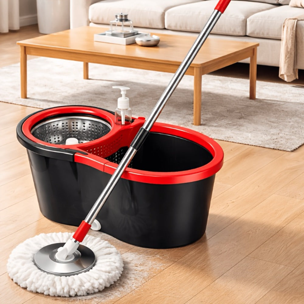 Spin Mop and Dual-Compartment Wringer Bucket Set with Telescoping Handle and Four Mop Heads