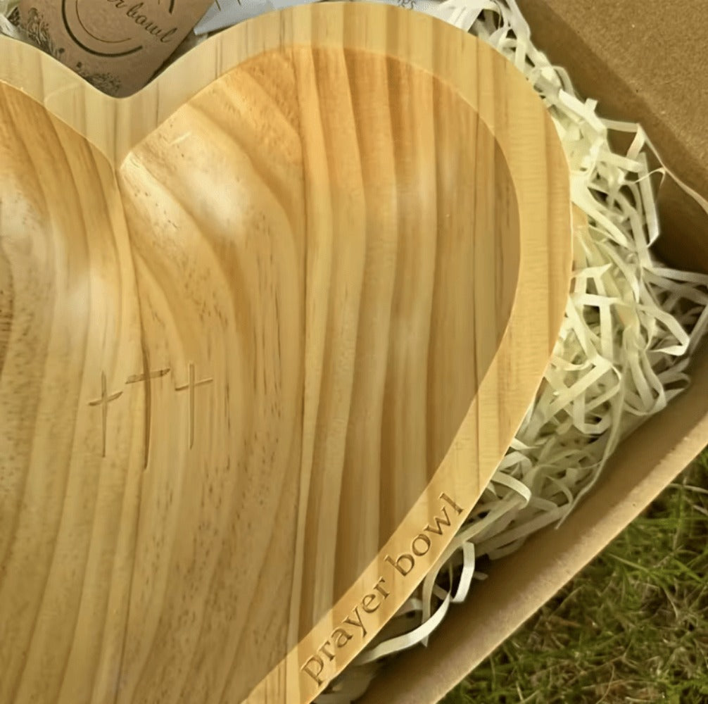 Heart-Shaped Wooden Prayer Bowl Set with Cross Engraving and Twenty-Four Printed Prayer Cards