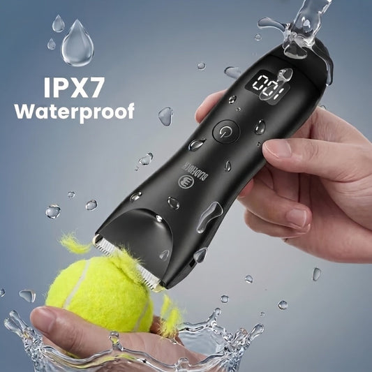 Manscaping Trimmer for Men IPX7 Waterproof Electric Groin & Ball Trimmer Ceramic Blades LCD Battery Display Replaceable Head - Body Hair Shaver Groomer Black Grey