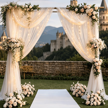 Champagne Tulle Photography Backdrop Set with Two Curtain Panels, USB String Lights and Ten Hooks