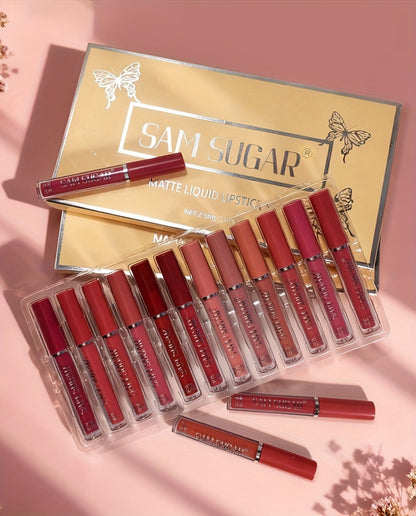 Lip Gloss Set by SAM SUGAR with 12 Matte Liquid Lip Colors, Numbered Shades and Presentation Box