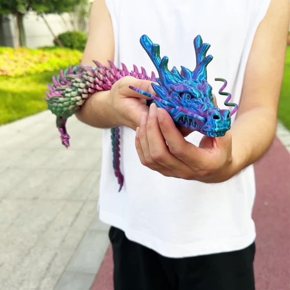 35.4-Inch Articulated Chinese Dragon Figurine with Movable Segments and Four Color Checkouts with Eyes
