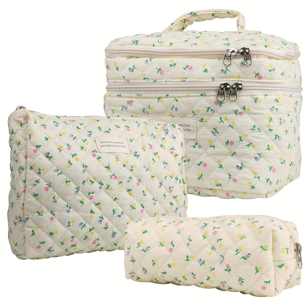 Makeup Bag – Set 3 PCS Quilted Cotton Dual Layer Large Capacity Floral Coquette Aesthetic Travel Cosmetic Bag Women Toiletry Organizer…