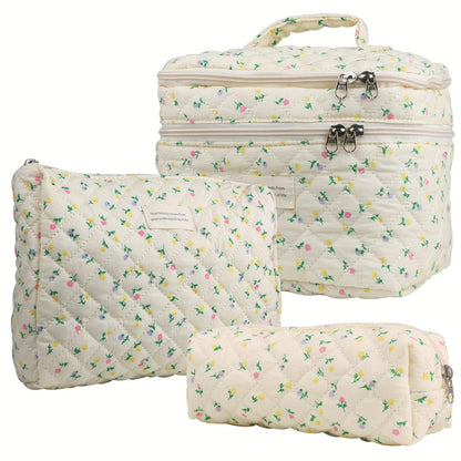 Makeup Bag – Set 3 PCS Quilted Cotton Dual Layer Large Capacity Floral Coquette Aesthetic Travel Cosmetic Bag Women Toiletry Organizer…