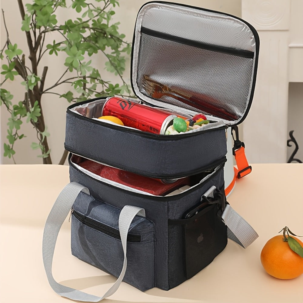 Insulated Lunch Bag Large Double Layer Leakproof Cooler Tote Bag with Adjustable Crossbody Strap for Men Women Office Picnic Travel Camping in Black Grey Burgundy Blue