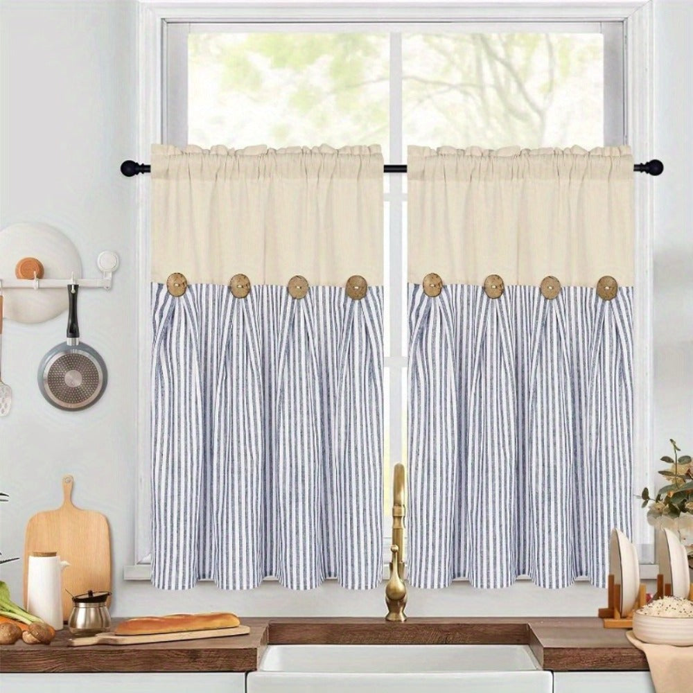 Striped Patchwork Window Curtain Set with Rod-Pocket Top, Six Colors and Five Panel-Count or Size Options