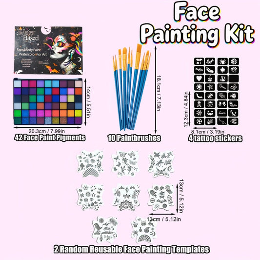 54 Color Face & Body Paint Kit with UV Fluorescent, Matte & Glitter Shades — Pattern Templates, Brushes & Tattoo Stickers for Sports, Cheerleading, Halloween, Festivals & Parties