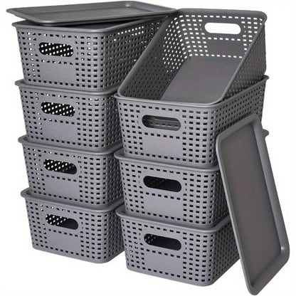 Storage Organizer Bins with Lids 4/8 Pack | Space-Saving Stackable Boxes 10"x7"x4" for Shelves, Closet & Desk - Declutter Bins for Dorm, Playroom & Office with File Organizer Bag, White Black Gray Red