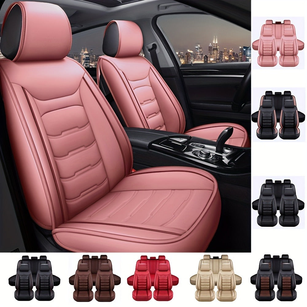 Car Seat Covers Full Set 5-Seat – Faux Leather Waterproof, Airbag Compatible, Front Storage Bag, Universal Fit Sedan SUV Truck Van, Luxury Brown / Pink / Black Pink