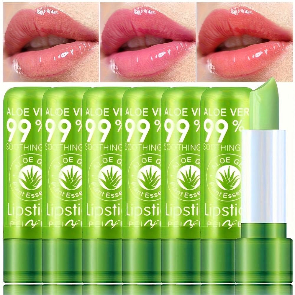 Aloe Vera Magic Lip Balm 6 Pack Green to Pink — Color Changing Temperature-Sensitive Formula, Moisturizing Soothing Natural Tint, Long-Lasting Hydration Lip Care for Women & Girls