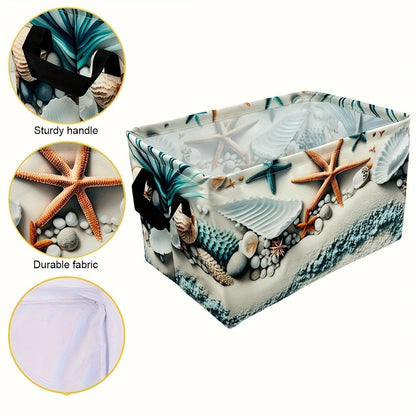 Fabric Storage Basket with Beach Shell and Starfish Print for Shelves and Room Organization