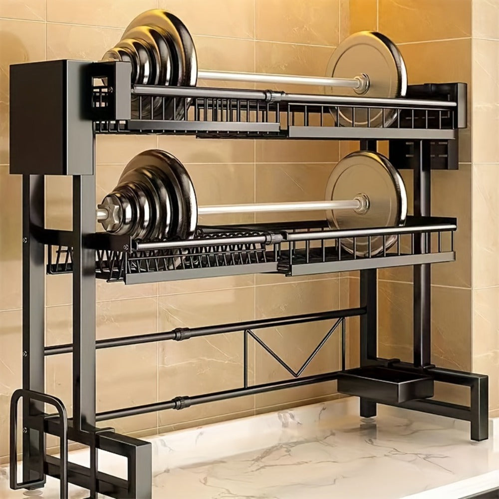Expandable Over-Sink Dish Drying Rack with Single- or Double-Layer Black Frame and Adjustable Width