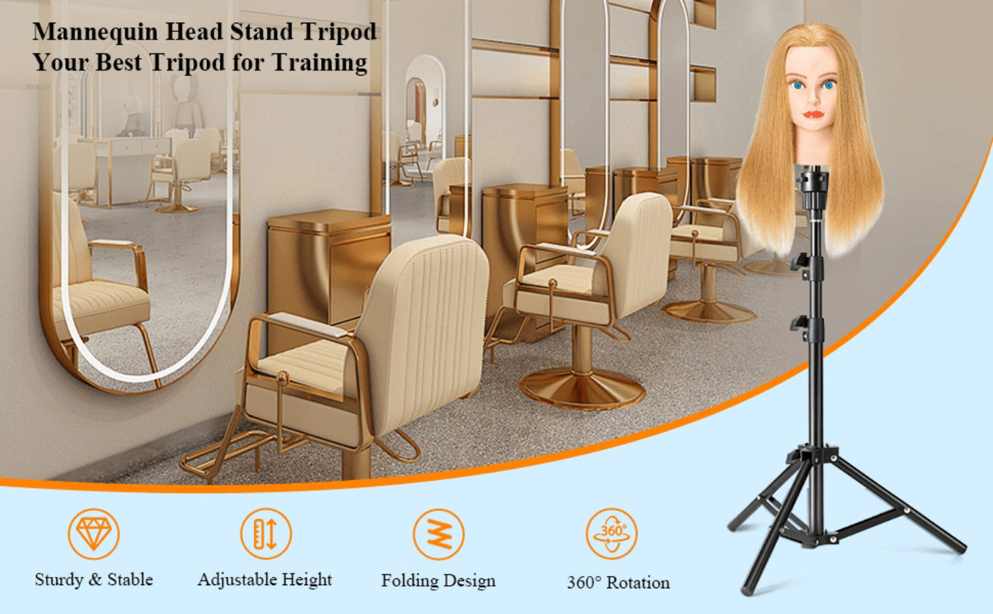 Adjustable Wig Stand Tripod 360 Rotation Aluminum Alloy Height Adjustable to 50 Inch Foldable Portable Mannequin Head Stand for Styling Cosmetology Hairdressing Training Home Salon