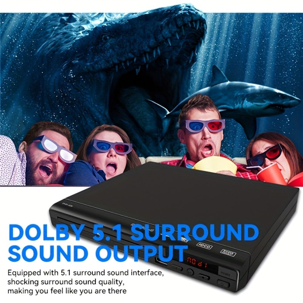 Compact Black DVD Player with USB Port, AV Output, Remote Control, RCA Cable and US Plug for Home TV
