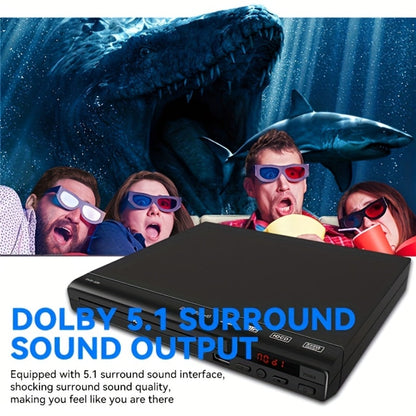 Compact Black DVD Player with USB Port, AV Output, Remote Control, RCA Cable and US Plug for Home TV