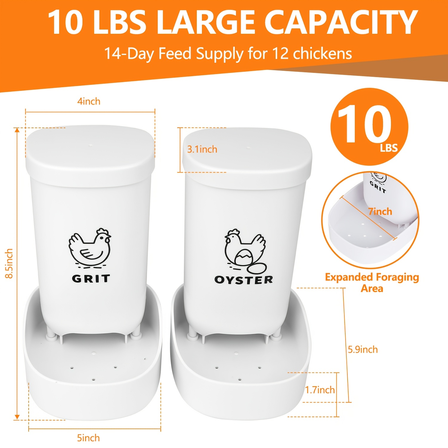 Two-Piece White Poultry Supplement Feeder Set with Separate Oyster Shell and Grit Containers