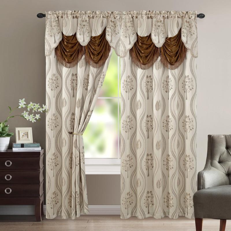 Two-Panel Jacquard Window Curtain Set with Attached Waterfall-Style Valance, 54 x 84-Inch Size and Four Colors