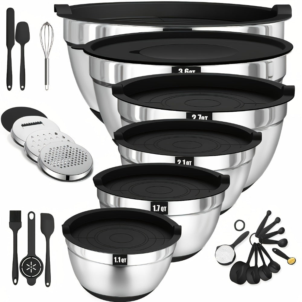 Twenty-Six-Piece Mixing Bowl and Kitchen Tool Set with Six Bowls in Khaki, Black or Color Options