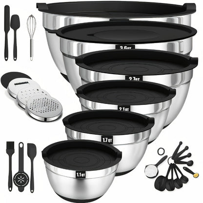 Twenty-Six-Piece Mixing Bowl and Kitchen Tool Set with Six Bowls in Khaki, Black or Color Options