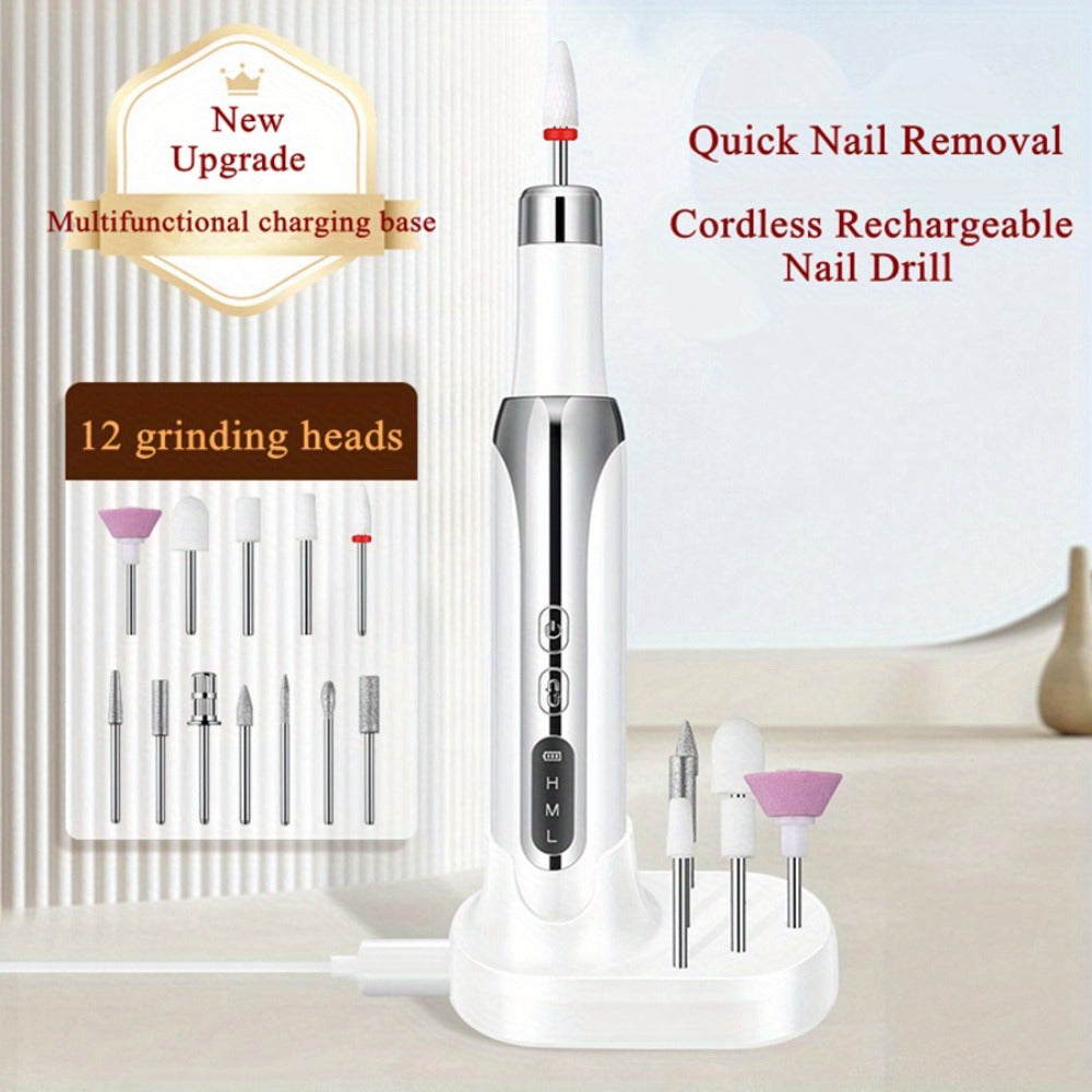 Electric Nail Drill Cordless USB Rechargeable Pen with Bit and Sanding Band Set in Gold or White