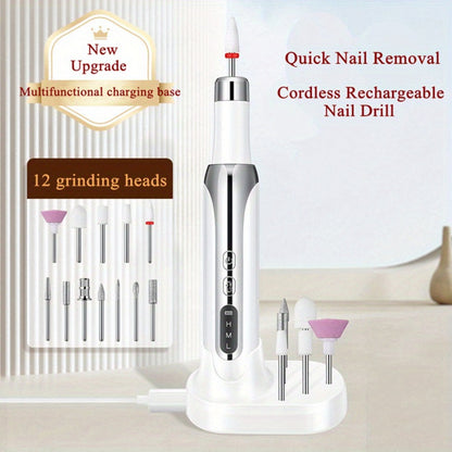 Electric Nail Drill Cordless USB Rechargeable Pen with Bit and Sanding Band Set in Gold or White