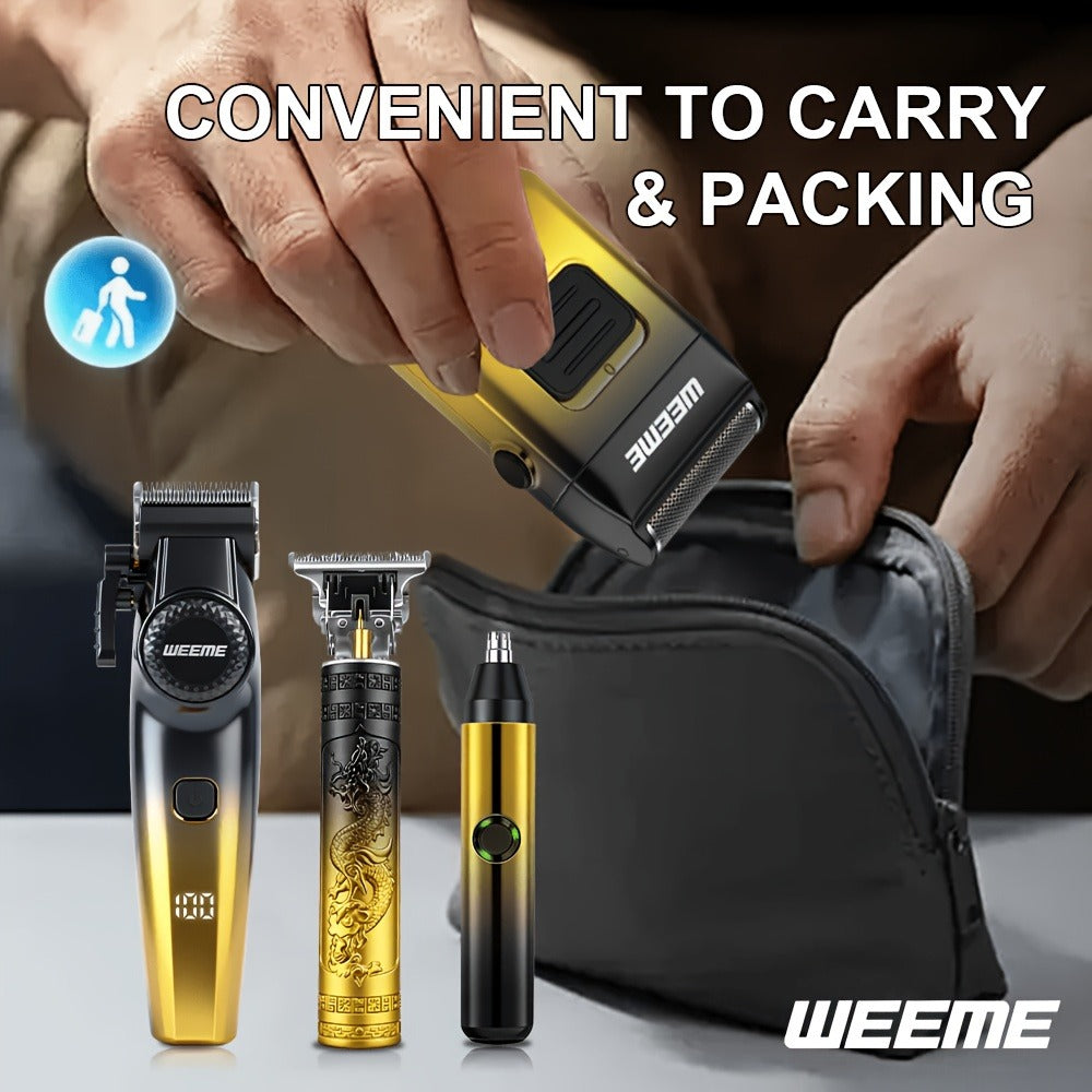 4-Piece Grooming Kit for Men USB Rechargeable Electric Shaver Beard Trimmer Nose Hair Trimmer Hair Clipper System with 8 Guide Combs Gradient Golden Gift for Dad Boyfriend Husband Holiday Travel