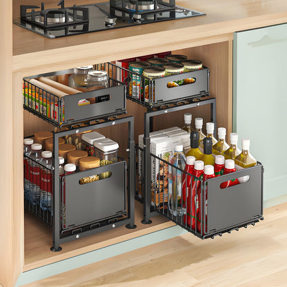 2-Tier Pull Out Cabinet Organizer No Drill Slide Out Shelf Kitchen Pantry Storage Roll Out Drawer Black