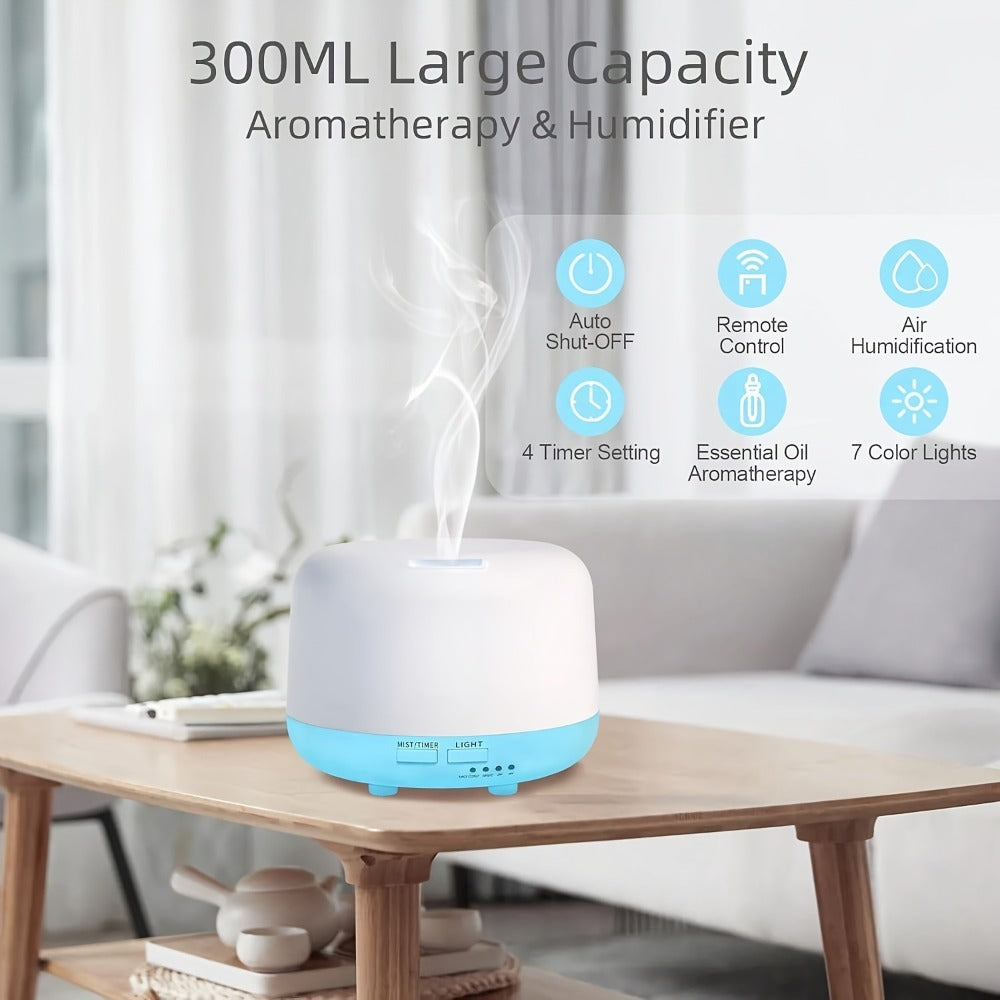 Ultrasonic Essential Oil Diffuser with Remote Control, Seven-Color Light and 300 ml or 500 ml Capacity