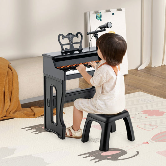 Kids Piano Set 37 Keys with Microphone, Detachable Music Stand & Stool, 22 Demos 8 Tones 8 Percussion Effects, Multifunctional Educational Piano Learning Toy for Toddlers Boys & Girls Ages 3+, Black