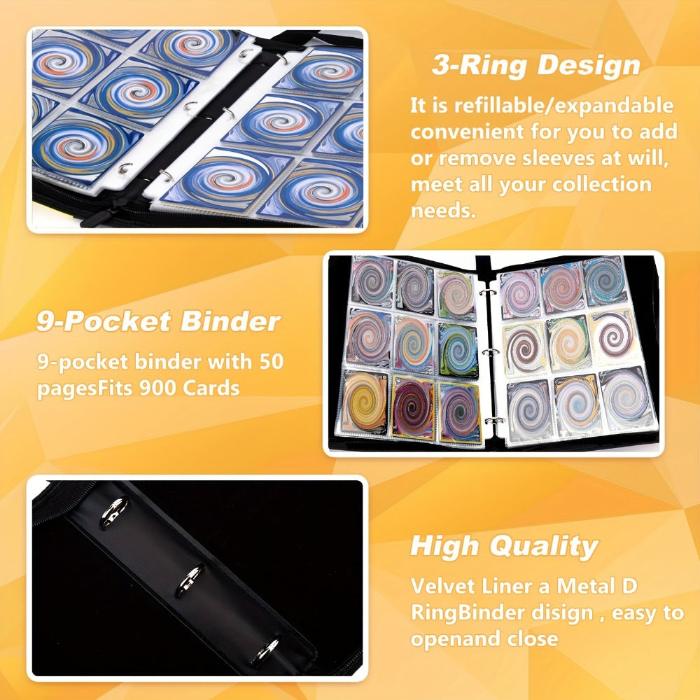 Nine-Pocket Trading Card Binder with 50 Removable Sleeves, Three-Ring Interior and Zippered Carry Case