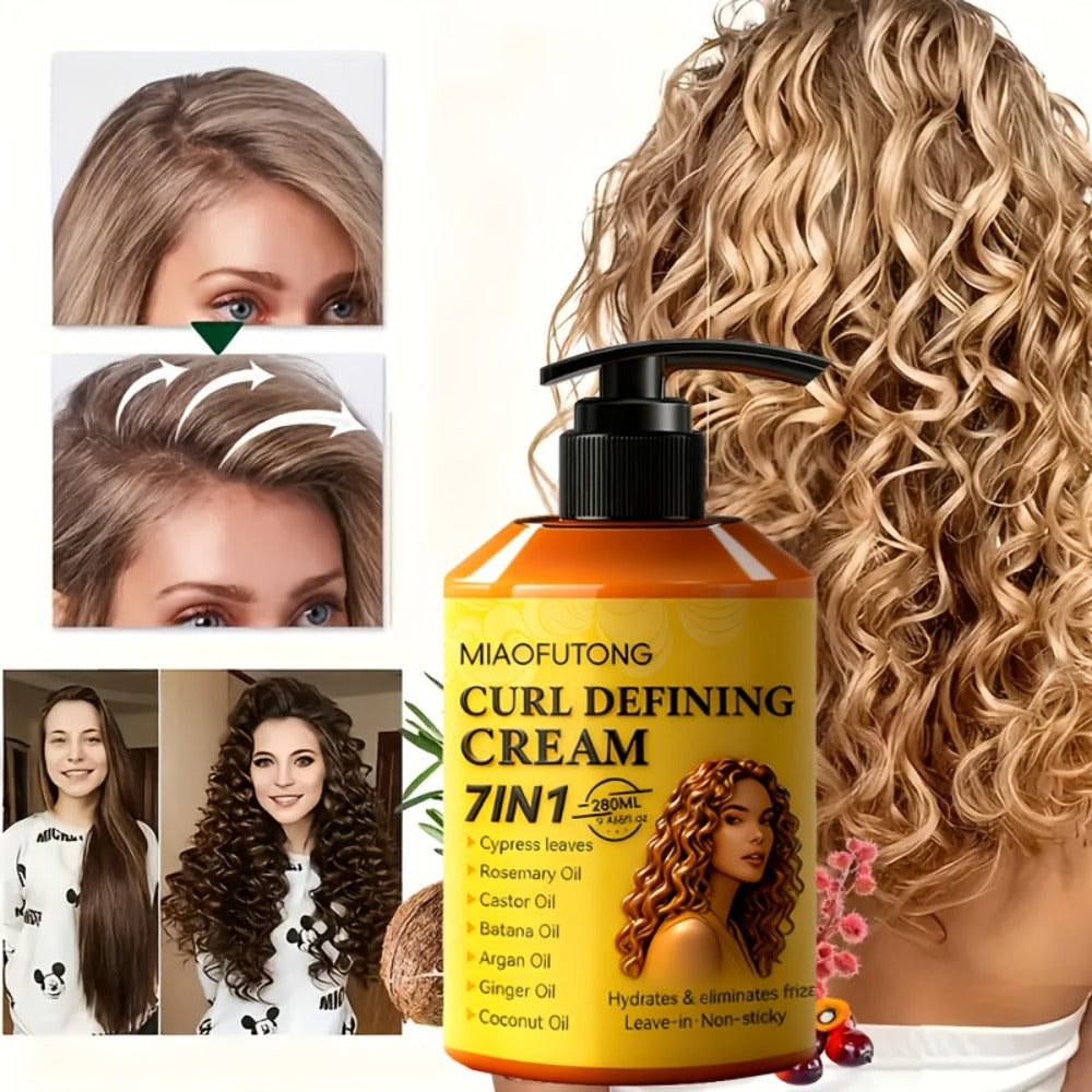 7-in-1 Botanical Curl Cream 280ml – Deep Moisture Curl Defining Cream with Argan, Rosemary, Castor & Coconut Oil, Anti-Frizz Long-Lasting Volume for Wavy Curly Coily Hair