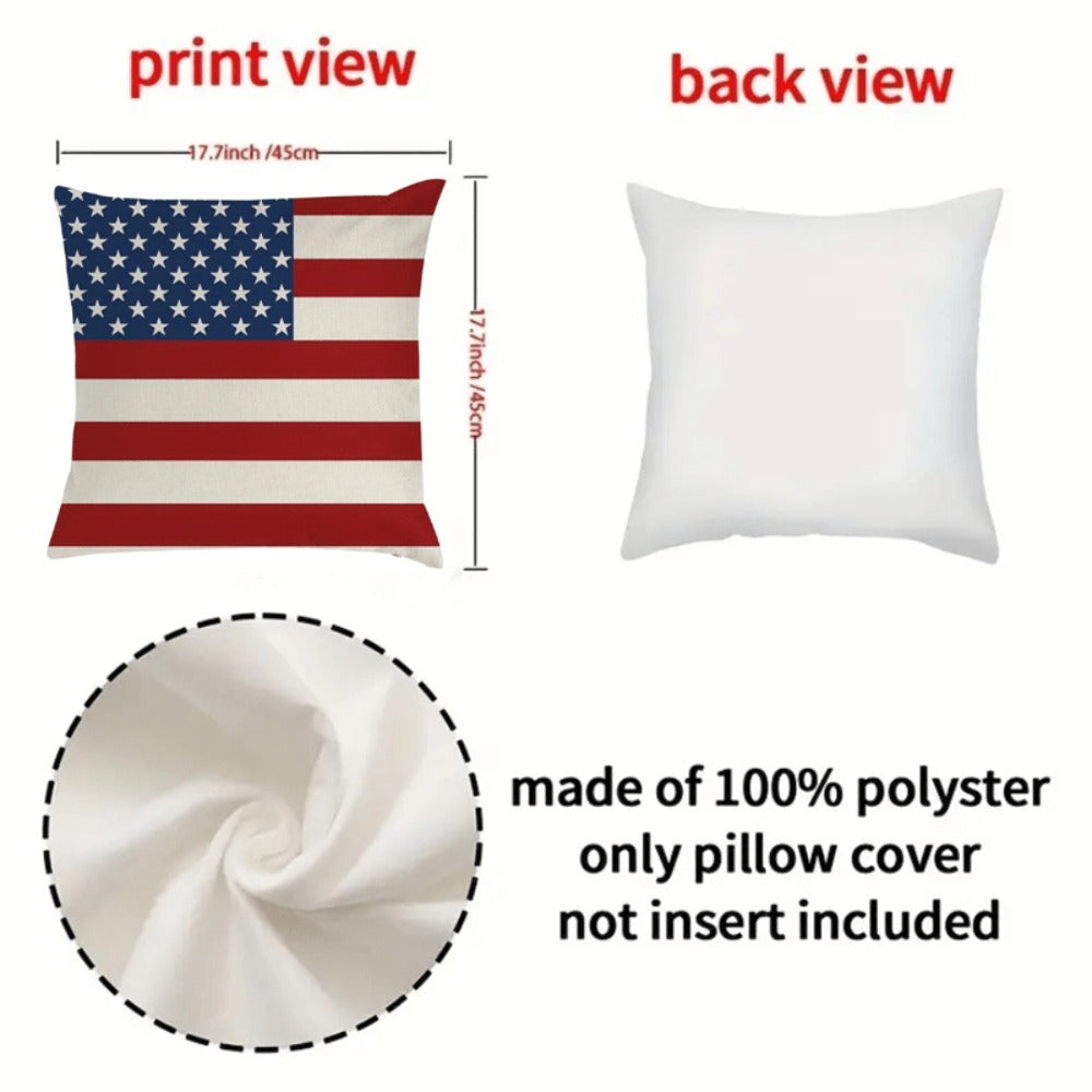 Four-Piece Patriotic Pillow Cover Set with Stars and Stripes Prints in Red, White and Blue
