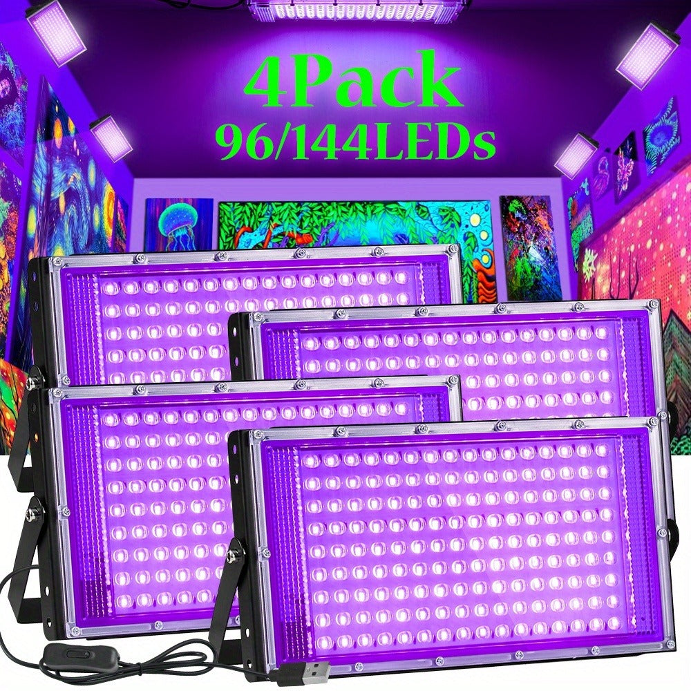 Four-Pack Rectangular UV Black-Light Panels with 144-LED Checkout Label, USB Cables and Adjustable Brackets