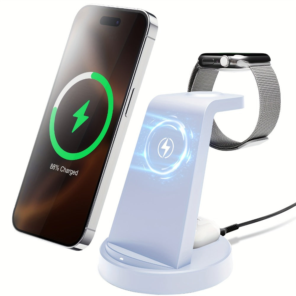 3-in-1 Wireless Charging Dock Multi-Color Fast Charge for iPhone 17 16 15 14 13 12 11 Pro Max, Apple Watch Ultra 2 Series 10 9 8 7 6 SE, AirPods 4 3 2 Pro & Samsung Galaxy – Black Blue Pink U1 U2