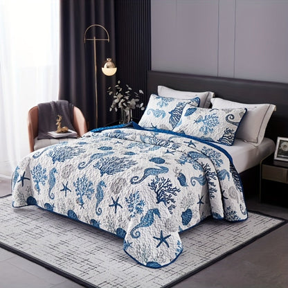 Three-Piece Ocean-Print Duvet Cover Set with Two Pillowcases in Twin, Full-Queen or King Sizes