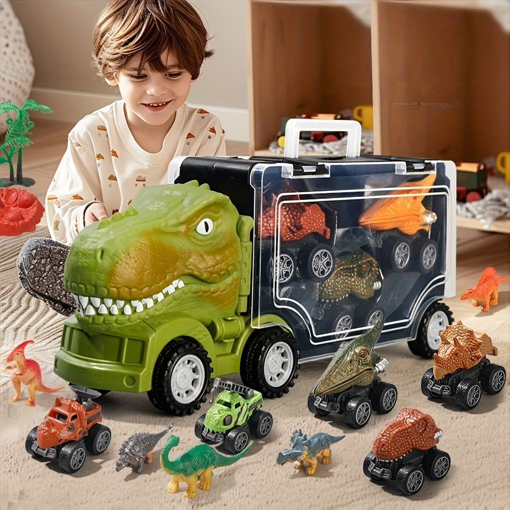 T-Rex Dinosaur Carrier Truck Playset with Mini Cars, Figures and Standard or Upgraded Package Options