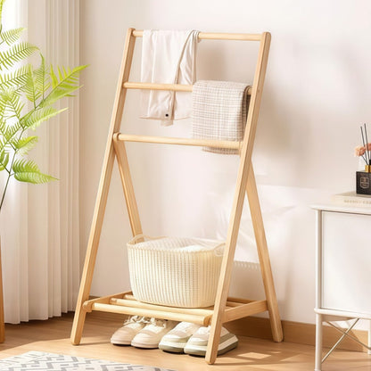 Bamboo Drying Rack 3 Tier Foldable with Storage Box - Space Saving Freestanding Clothes Hanger for Apartment, Bedroom, Bathroom & Balcony, Compact Laundry Rack for Small Spaces | Natural Burlywood
