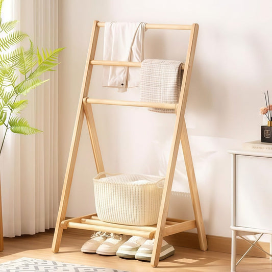 Bamboo Drying Rack 3 Tier Foldable with Storage Box - Space Saving Freestanding Clothes Hanger for Apartment, Bedroom, Bathroom & Balcony, Compact Laundry Rack for Small Spaces | Natural Burlywood